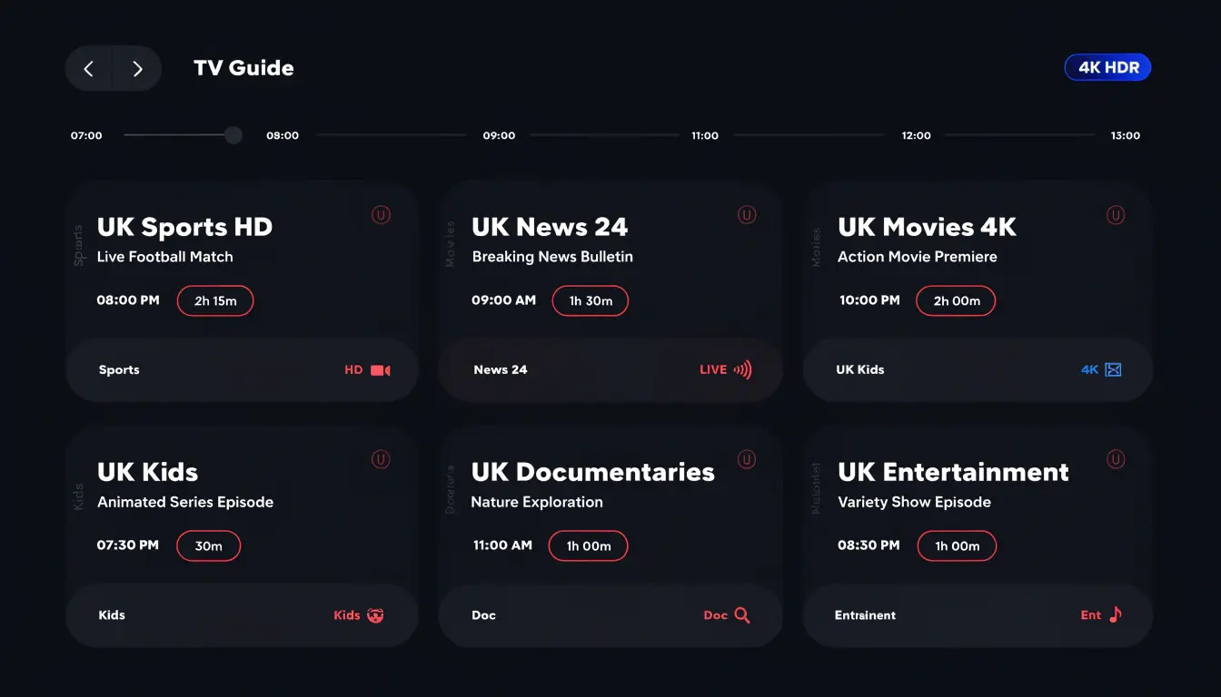 Best United Kingdom IPTV channels grid — UK Sports HD, UK News, UK Movies and UK Kids in 4K HDR